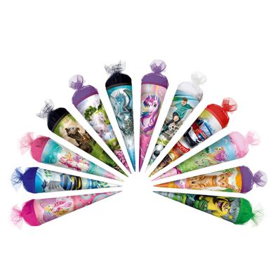 Schultüte, 12er Sortiment Effekte 22 cm rund Glitter oder Folie