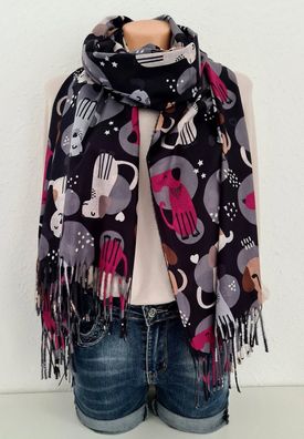 XL Winterschal Wendeschal Tuch Viskose bunte Hunde/ Knochen Fransen Schwarz