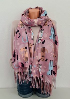 XL Winterschal Wendeschal Tuch Viskose bunte Hunde/ Knochen Fransen Altrosa/Bunt