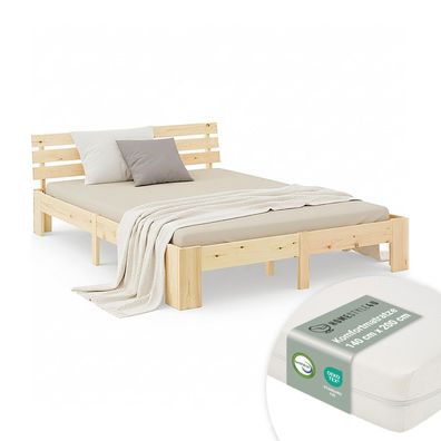 Doppelbett mit Matratze 140x200 cm Holzbett Futonbett Natur Kiefer Bett Bettgestel