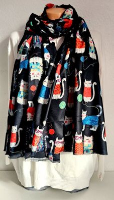 XL Winterschal Schal Tuch Halstuch weiche Viskose bunter Katzenprint Schwarz/Bunt