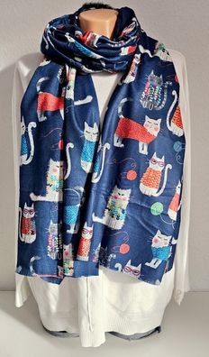 XL Winterschal Schal Tuch Halstuch weiche Viskose bunter Katzenprint Blau/Bunt
