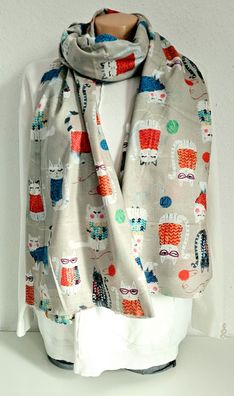 XL Winterschal Schal Tuch Halstuch weiche Viskose bunter Katzenprint Hell/Bunt
