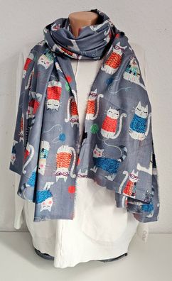 XL Winterschal Schal Tuch Halstuch weiche Viskose bunter Katzenprint Grau/Bunt