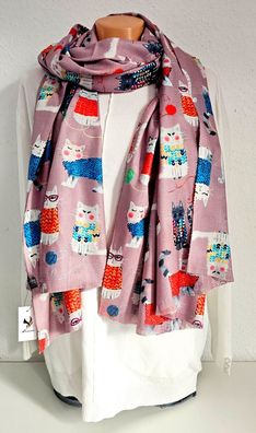 XL Winterschal Schal Tuch Halstuch weiche Viskose bunter Katzenprint Altrosa/Bunt