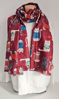 XL Winterschal Schal Tuch Halstuch weiche Viskose bunter Katzenprint Weinrot/Bunt