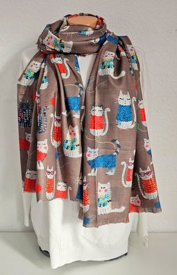 XL Winterschal Schal Tuch Halstuch weiche Viskose bunter Katzenprint Taupe/Bunt