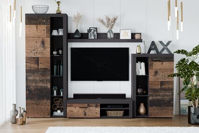 AX LIVING Spacoro Wohnwand grau modern Matera Oldwood 270 cm ohne LED