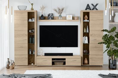 AX LIVING Spacoro XL Wohnwand Sonoma Eiche modern 300cm breit ohne LED