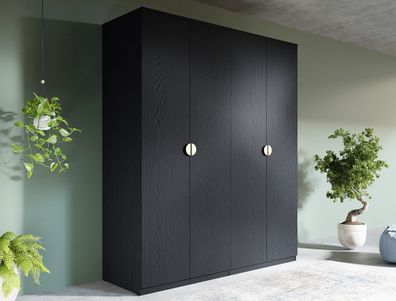 AX LIVING Schwarz Kleiderschrank Brunelli 179 cm 4-türig Gold Griffe