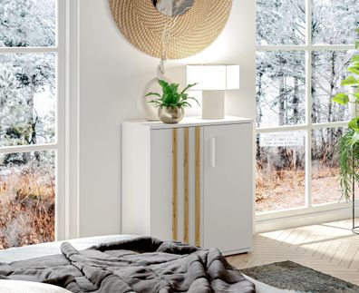 AX LIVING Kommode Schmal Turell 2D - 60 cm breit, Weiß mit Lamellen