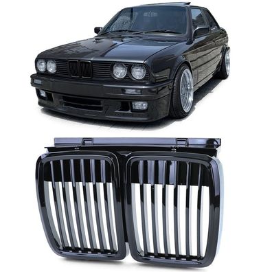 Sport Kühlergrill Frontgrill Schwarz Glanz für 3er BMW E30 1982-1994