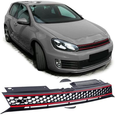 Sport Kühlergrill ohne Emblem Schwarz Rot passend für VW Golf 6 auch GTI 08-13