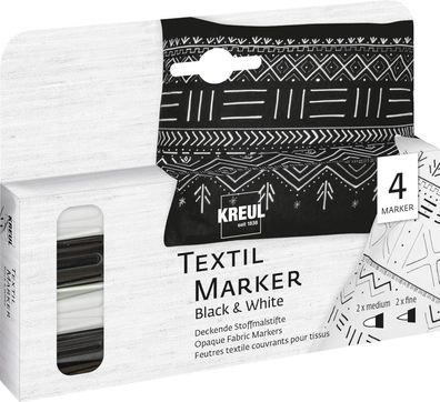 KREUL 92751 - Textil Marker Opak Black and White, 2 x medium, 2 x fine, Stoffmalstift