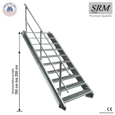 10 Stufen Stahltreppe Breite 60 - 160cm Geschosshöhe 150 - 200cm Geländer einseitig
