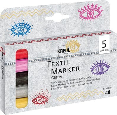 KREUL 92651 - Textil Marker Set Glitter, medium, 5 Stück, Strichstärke 2 bis 4 mm, au