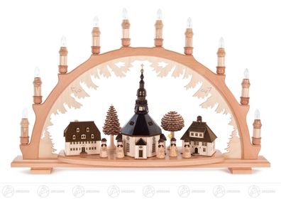 Schwibbogen mit Seiffener Dorf und Kurrende, ele. beleuchtet, innenbel. Gebäude