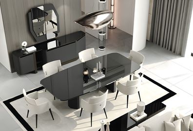 Dieses stilvolle Esszimmer-Set umfasst Esstisch 6 Stühle Konsole und Spiegel