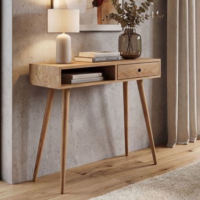 MCA Konsolentisch HWC-P55, Ablagetisch, Massiv-Holz Schublade Staufach 80x80x34cm