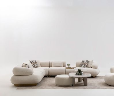 Designer Sitzgarnitur Stoffsofa Beistelltische Polsterhocker - 5tlg