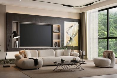 Weiße Wohnzimmer Sitzgarnitur Edles Ecksofa Holz Couchtisch Sessel