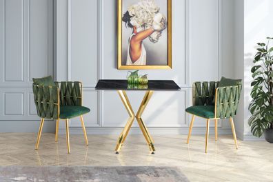 Esstisch Schwarze quadratische Platte auf einem polierten goldenen Kreuz-Fuß