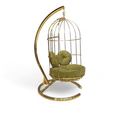 Goldener Hängesessel mit stabilem Untergestell und gemütlichen grünen Kissen