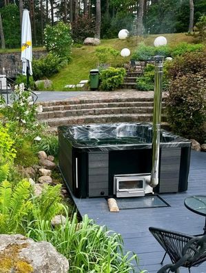 Badefass Whirlpool Gartenpool aus Thermoholz mit externem Holzofen