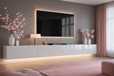 Lowboard PARIS 400 cm Weiß Hochglanz- Matt - Soft Close TV-Schrank- LED optional