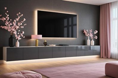 Lowboard PARIS 400 cm Grau Hochglanz- Weiß Matt - Soft Close TV-Schrank- LED optional