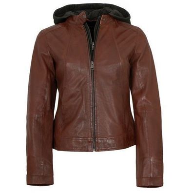 Jilani Collection - Damen Lederjacke Lammnappa Kapuze dunkles cognac