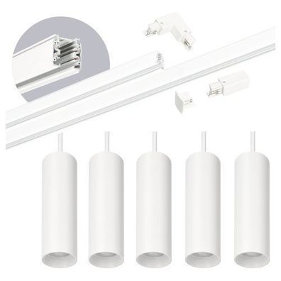 Schienensystem Komplett-Set Schiene 1m+2m, 5x Pendelleuchte, Schalter L WEISS