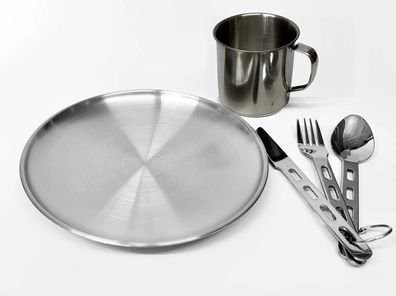 Ultraleichtes Camping Edelstahl Teller Set Becher Teller Besteck
