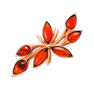 Brosche aus vergoldetem 925 Silber mit roten Bernsteinen