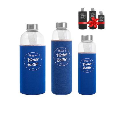 BEM Water Bottle-SET: 3 x Trinkflaschen je in schwarzer Hülle