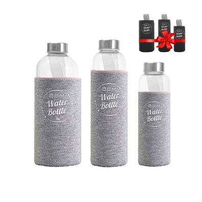 BEM Water Bottle-SET: 3 x Trinkflaschen je in schwarzer Hülle