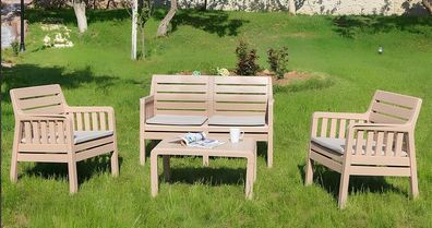 Gartenmöbel-Set beige 2-Sitzer-Sofa zwei Sessel Couchtisch 4 Teile