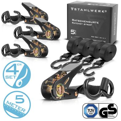 Stahlwerk Ratschengurt mit Haken 4er Set 5 m x 25 mm 800 kg Spanngurt Zurrgurt
