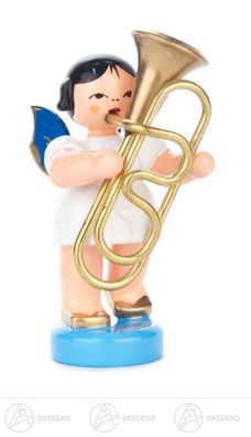 Engel mit Tuba stehend, blaue Flügel H=ca 6 cm NEU Erzgebirge Weihnachtsfigur