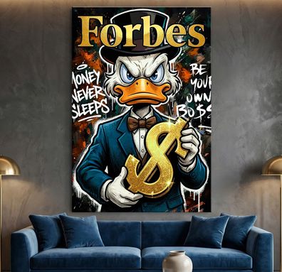 Pop Art Dagobert Duck Wandbild Forbes Business Kunst. Acrylglas, Leinwand, Poster