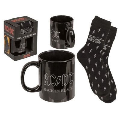AC/DC Fan Geschenkset Back in Black Kaffeebecher 300 ml Socken 41-45 Geschenkbox