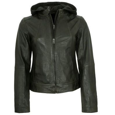 Jilani Collection - Damen Lederjacke Lammnappa Kapuze olive
