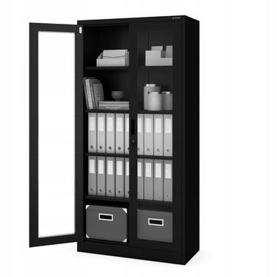 Flügeltürschrank Glasvitrine 4 Fachböden Stahl Abschließbar 185 x 90 x 40 cm Schwarz