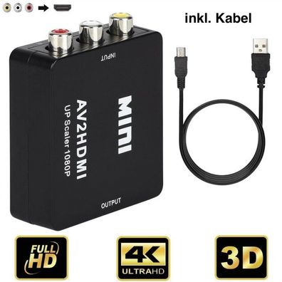 AV zu HDMI Adapter Konverter Full HD 1080P 4K Video Audio 3 RCA CVBS HDMI (NEU)
