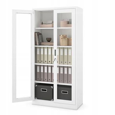 Aktenschrank Büroschrank Glasvitrine 4 Fachböden Stahl 185 x 90 x 40 cm Weiß