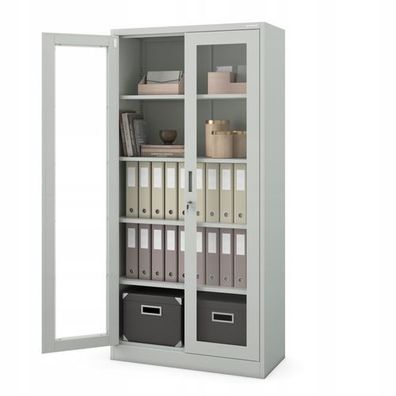Aktenschrank Büroschrank Glasvitrine 4 Fachböden Stahl 185 x 90 x 40 cm Grau