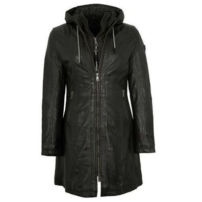 Mauritius - Damen Echtleder Ledermantel Kapuze Lammnappa schwarz