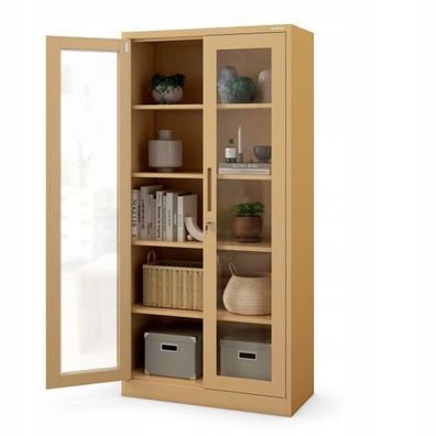 Aktenschrank Büroschrank Glasvitrine 4 Fachböden Stahl 185 x 90 x 40 cm Beige