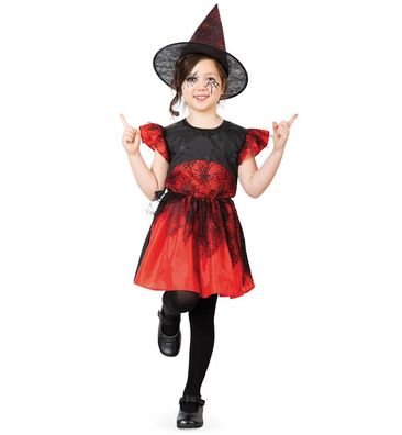 1ltg. kurzärmliges Kleid Spinnenhexe in Rot, mit schwarzem Tüll und mit Spinnennetz-P