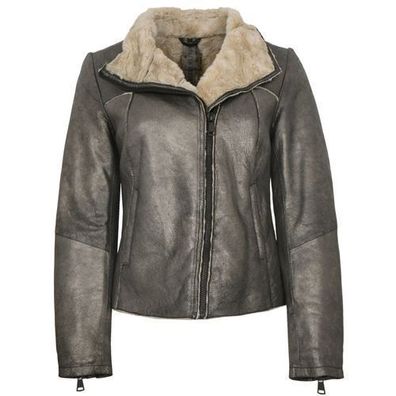 Freaky Nation - Damen Lederjacke Bikerjacke Lammleder Kunstfell taupe/beige